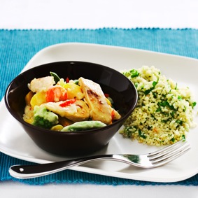 Quorn Filé med kokosmjölk, grönsaker och örtbulgur recept