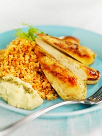 Quorn Zahtar med bulgur och hummus recept